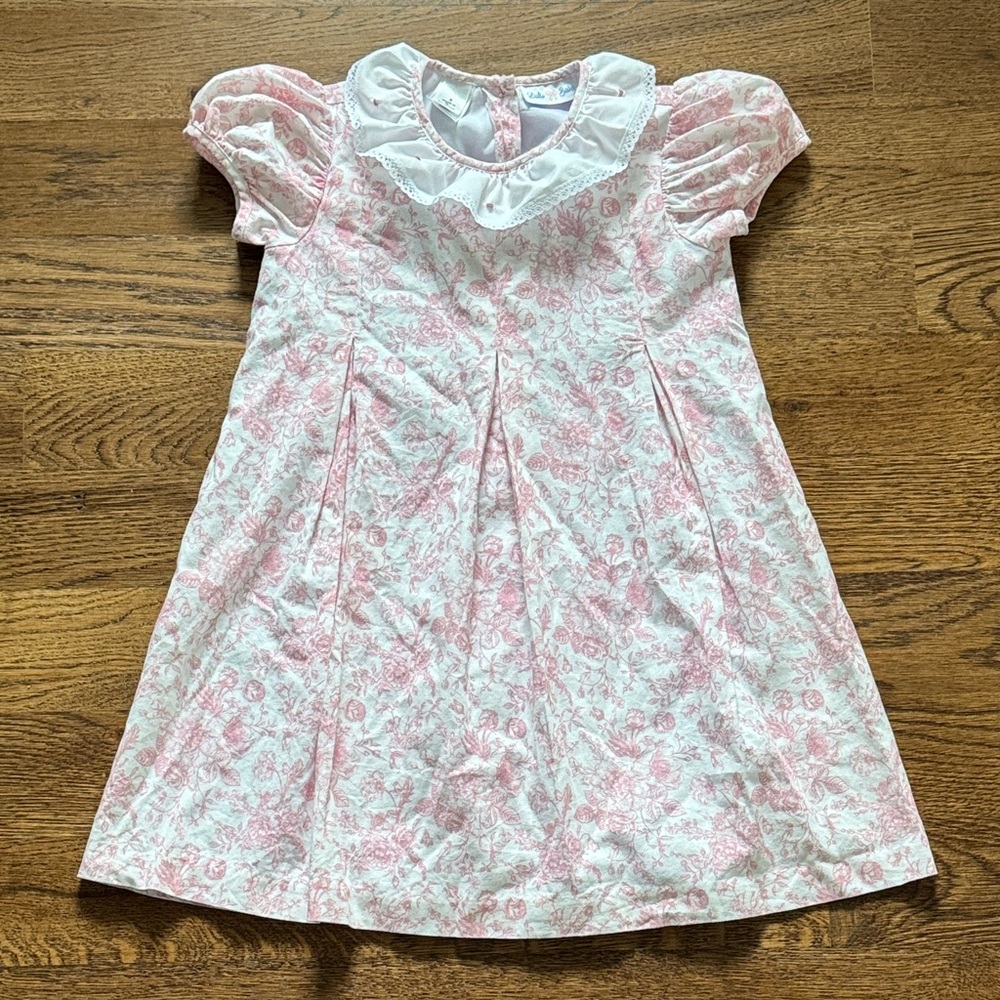 Lulu Bebe Pink Floral Puff Sleeve Dress with White Ruffle Embroidered Collar